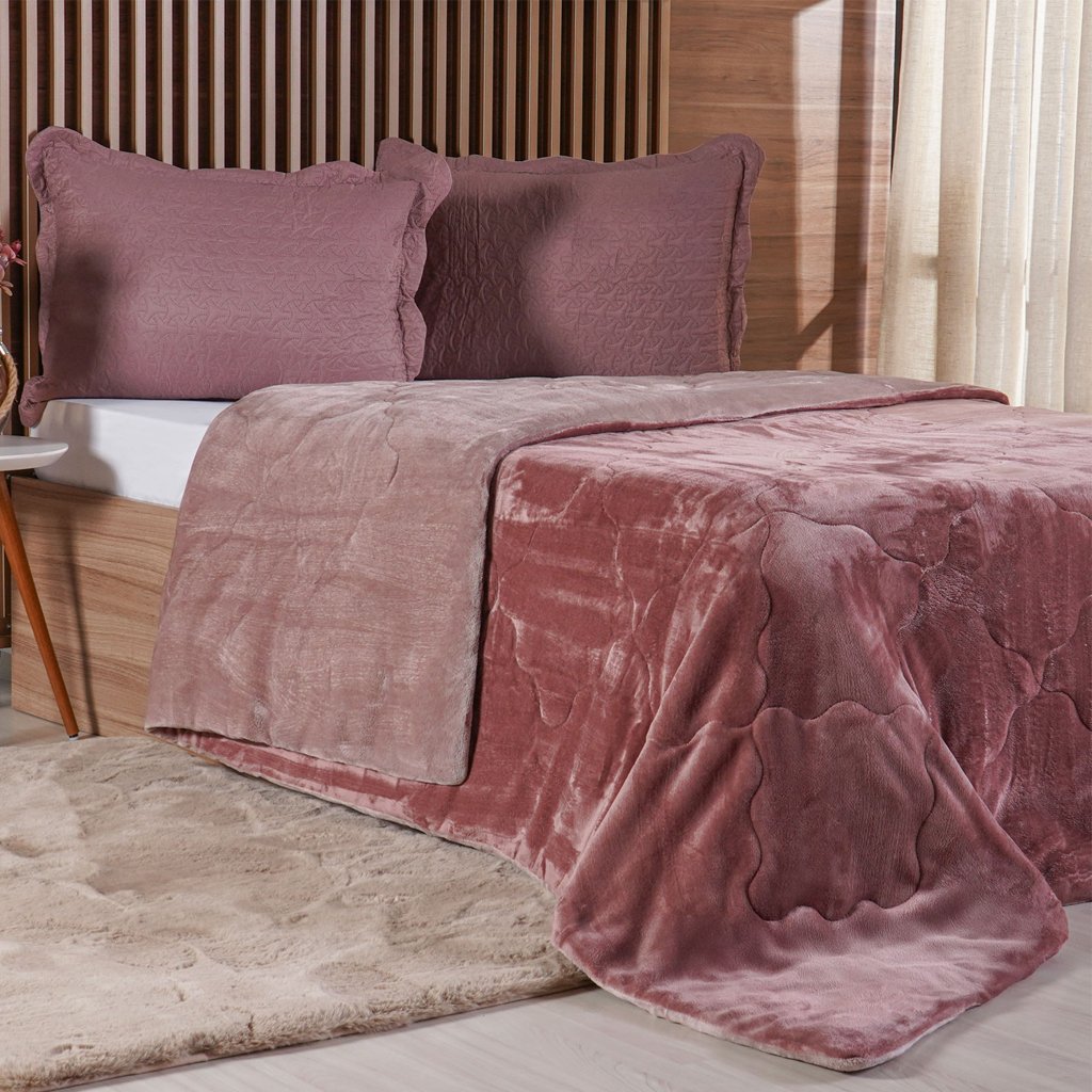Edredom Casal Plush Bicolor Dupla Face 100% Poliéster 180x220cm Cognac