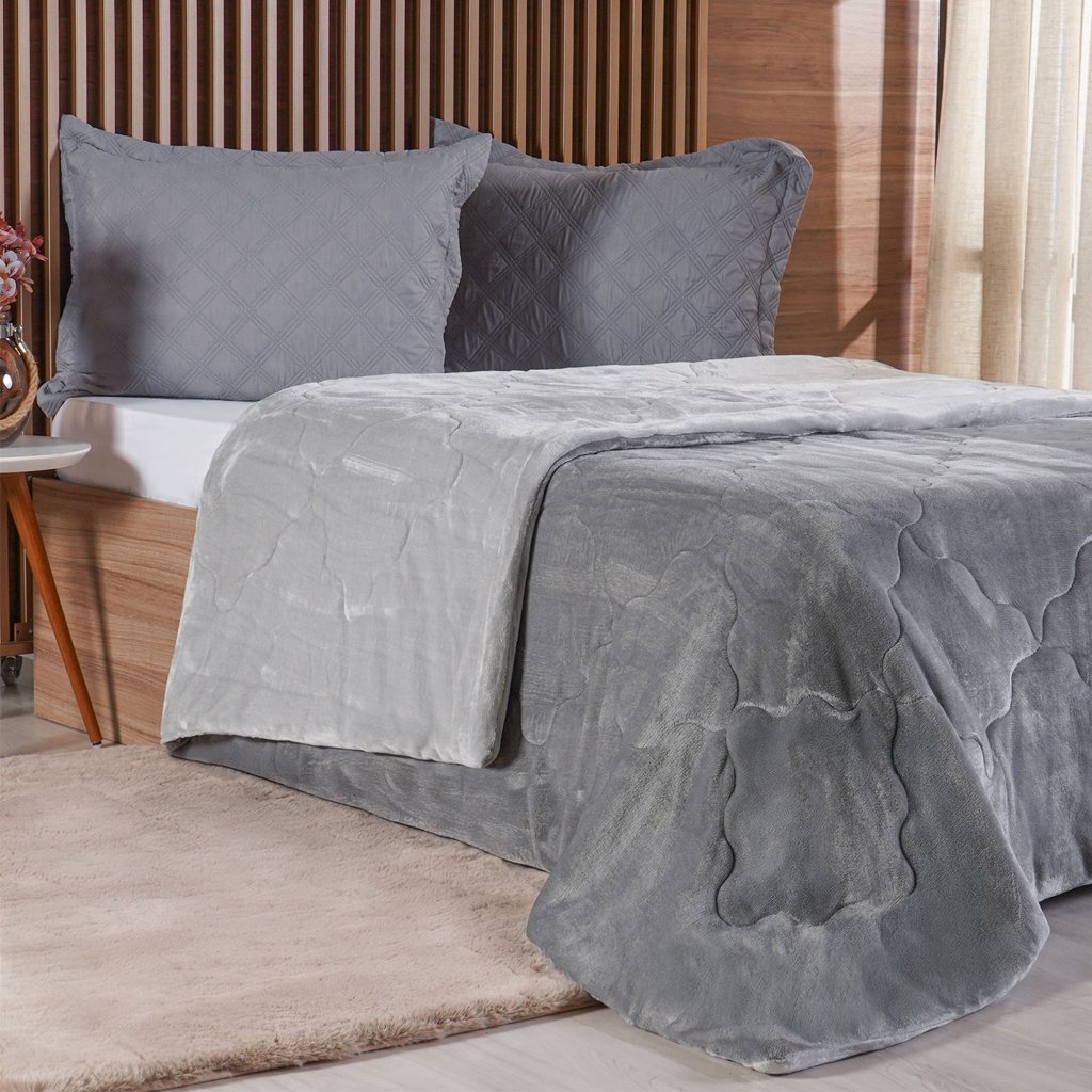 Edredom Casal Plush Bicolor Dupla Face 100% Poliéster 180x220cm Platina