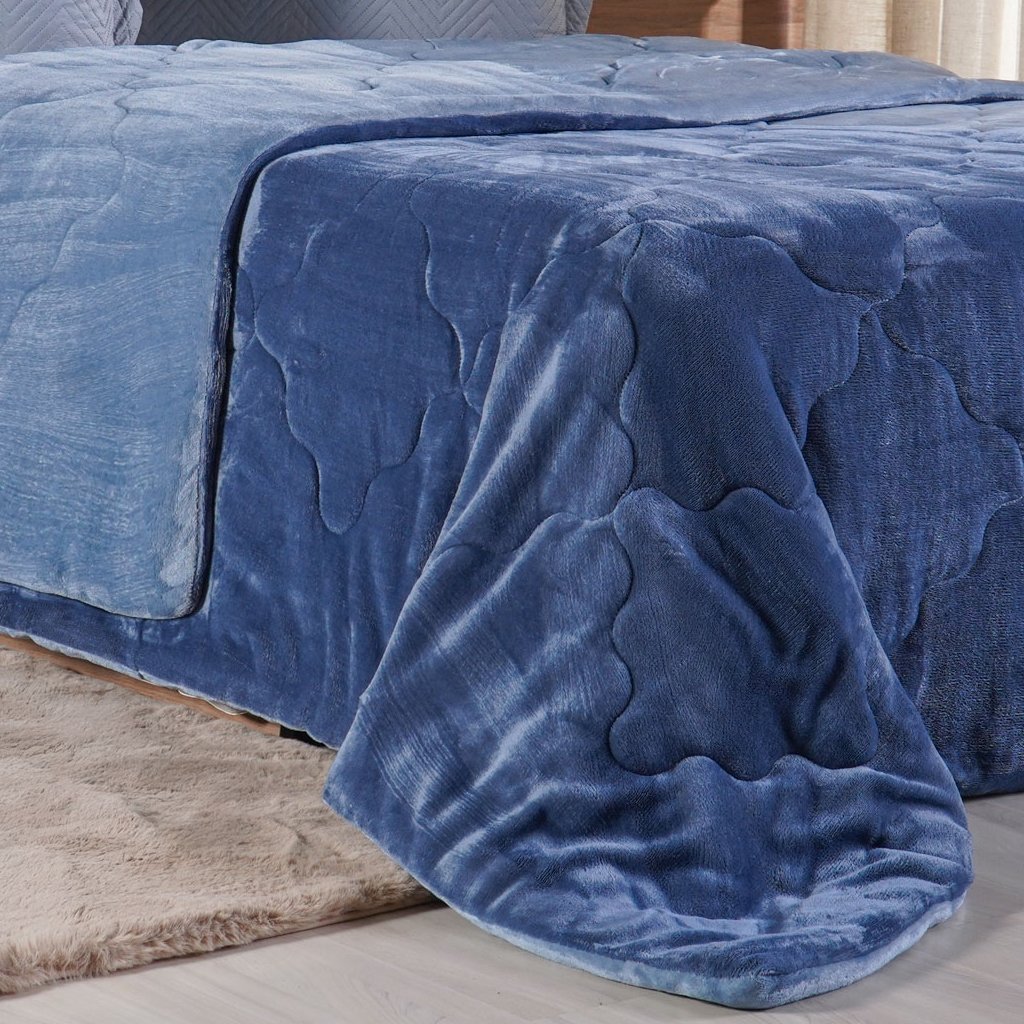 Edredom Queen Plush Bicolor Dupla Face 100% Poliéster 220x240cm Azul Cobalt