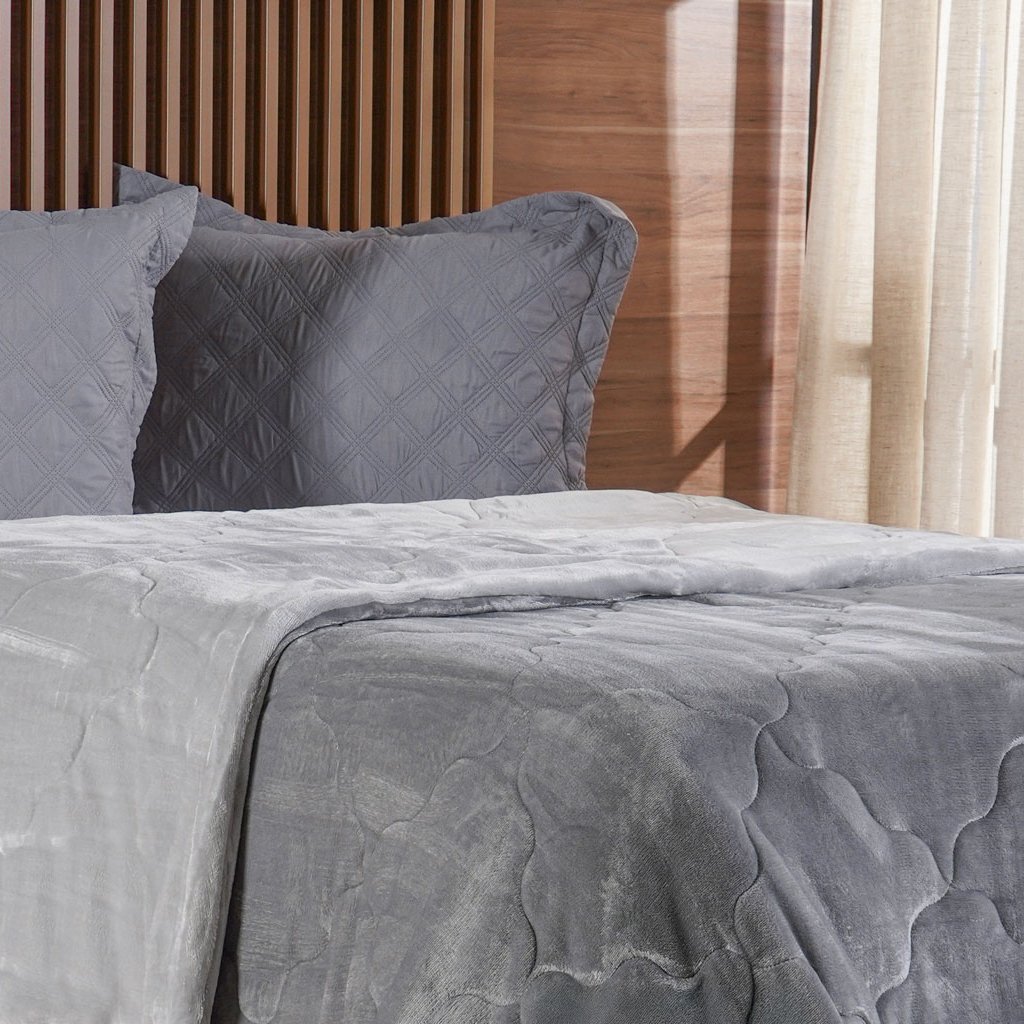 Edredom Queen Plush Bicolor Dupla Face 100% Poliéster 220x240cm Platina