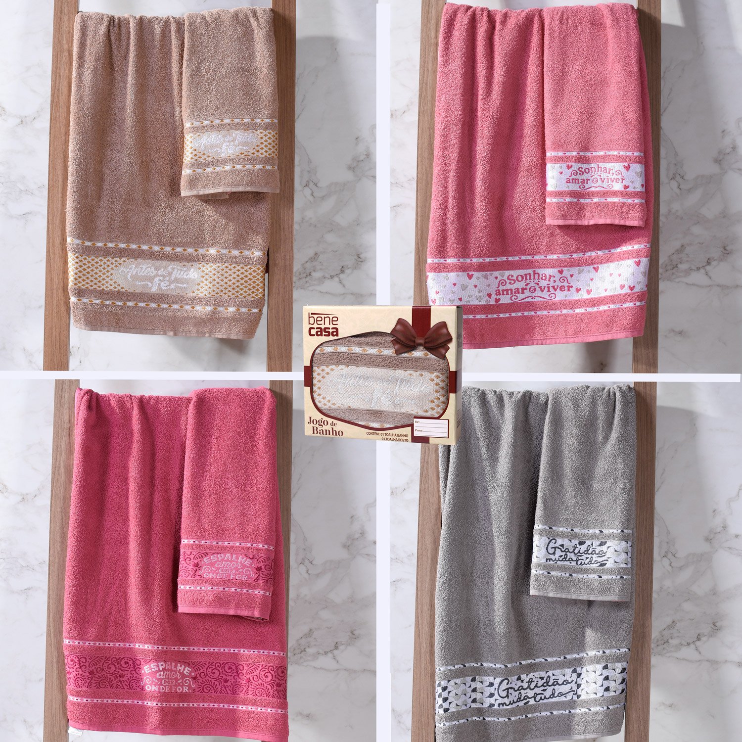 Jg Toalha de Banho e Rosto Jacquard Palavras do Bem Bene Casa Rosa Sonhar