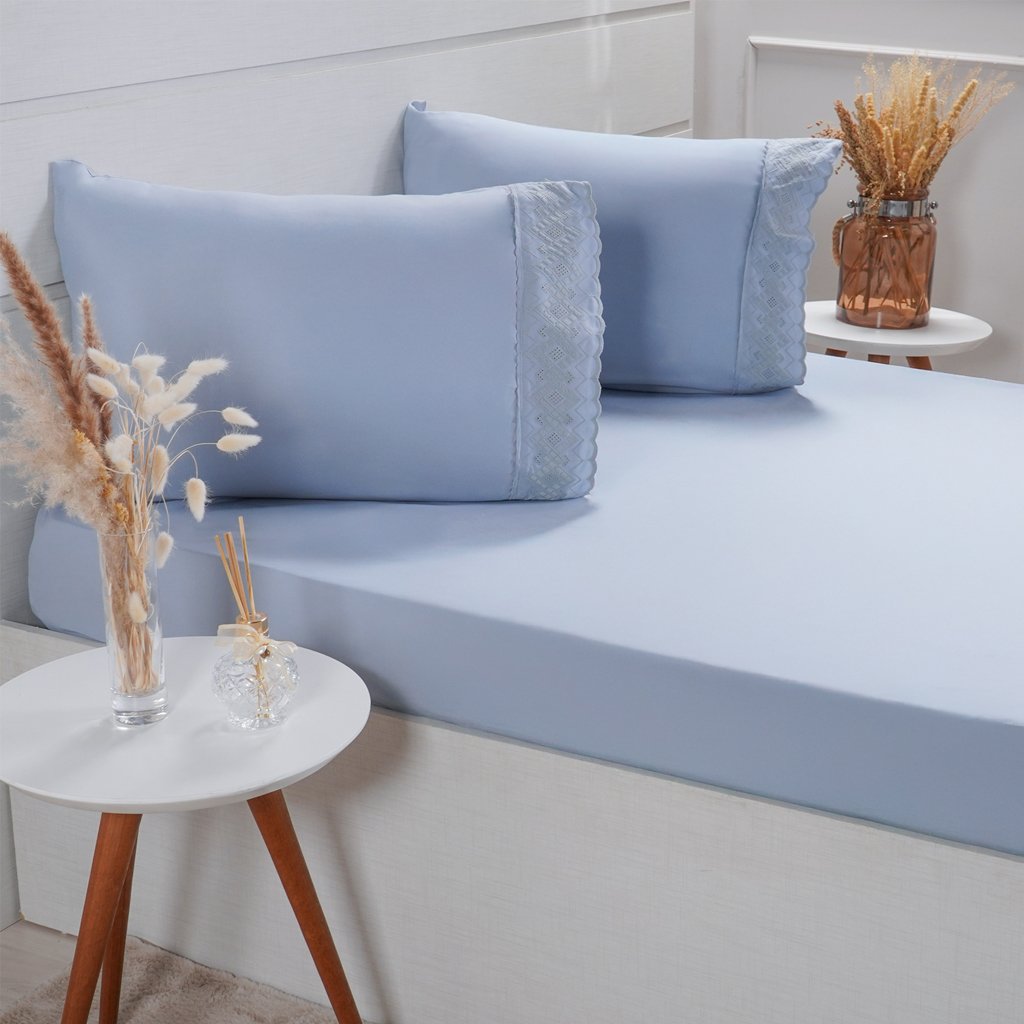 Jogo de Cama Queen Broderie 3 Pçs Bordado Inglês 158x198x35cm Blue