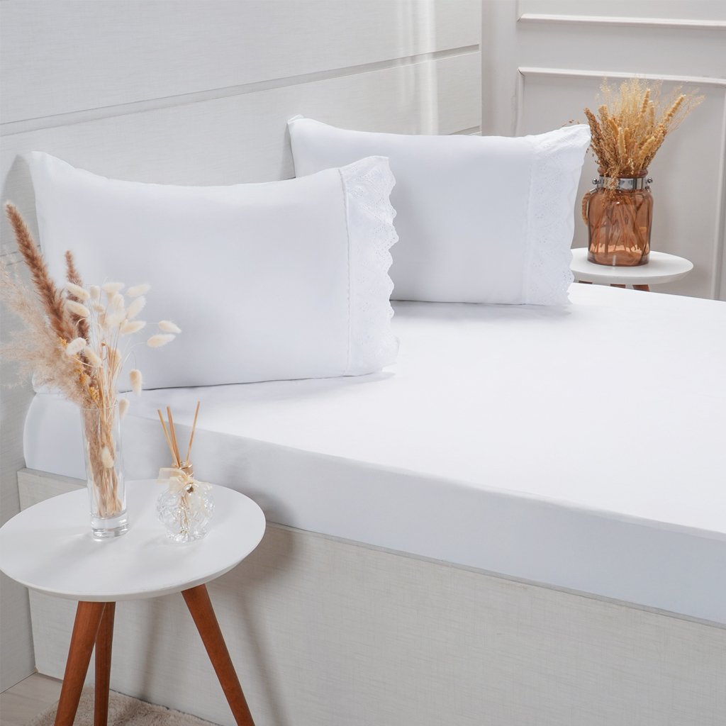 Jogo de Cama Queen Broderie 3 Pçs Bordado Inglês 158x198x35cm Branco