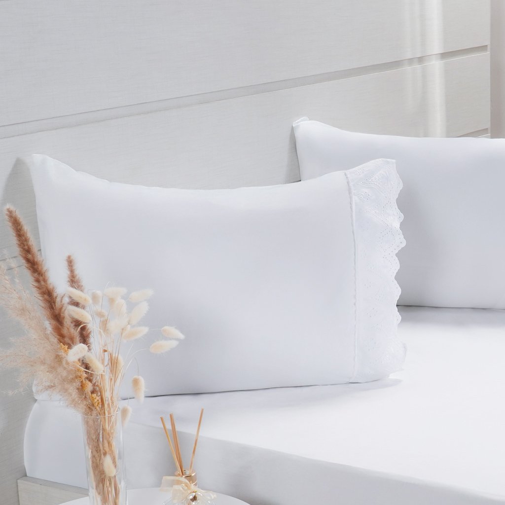Jogo de Cama Queen Broderie 3 Pçs Bordado Inglês 158x198x35cm Branco