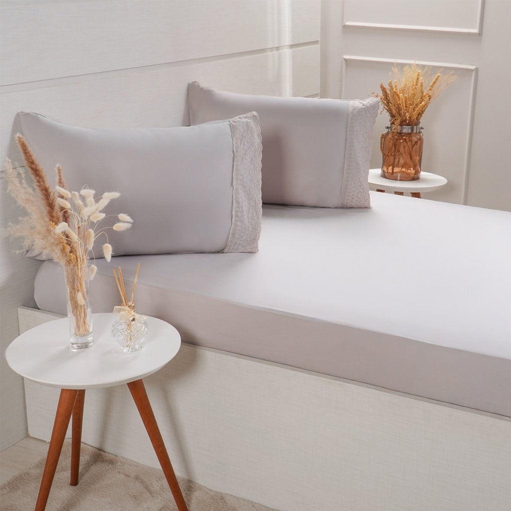 Jogo de Cama Queen Broderie 3 Pçs Bordado Inglês 158x198x35cm Gray