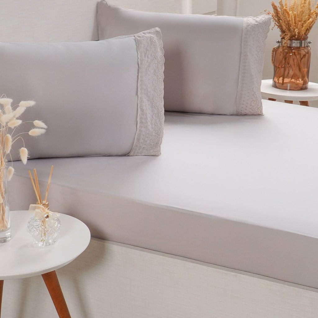 Jogo de Cama Queen Broderie 3 Pçs Bordado Inglês 158x198x35cm Gray