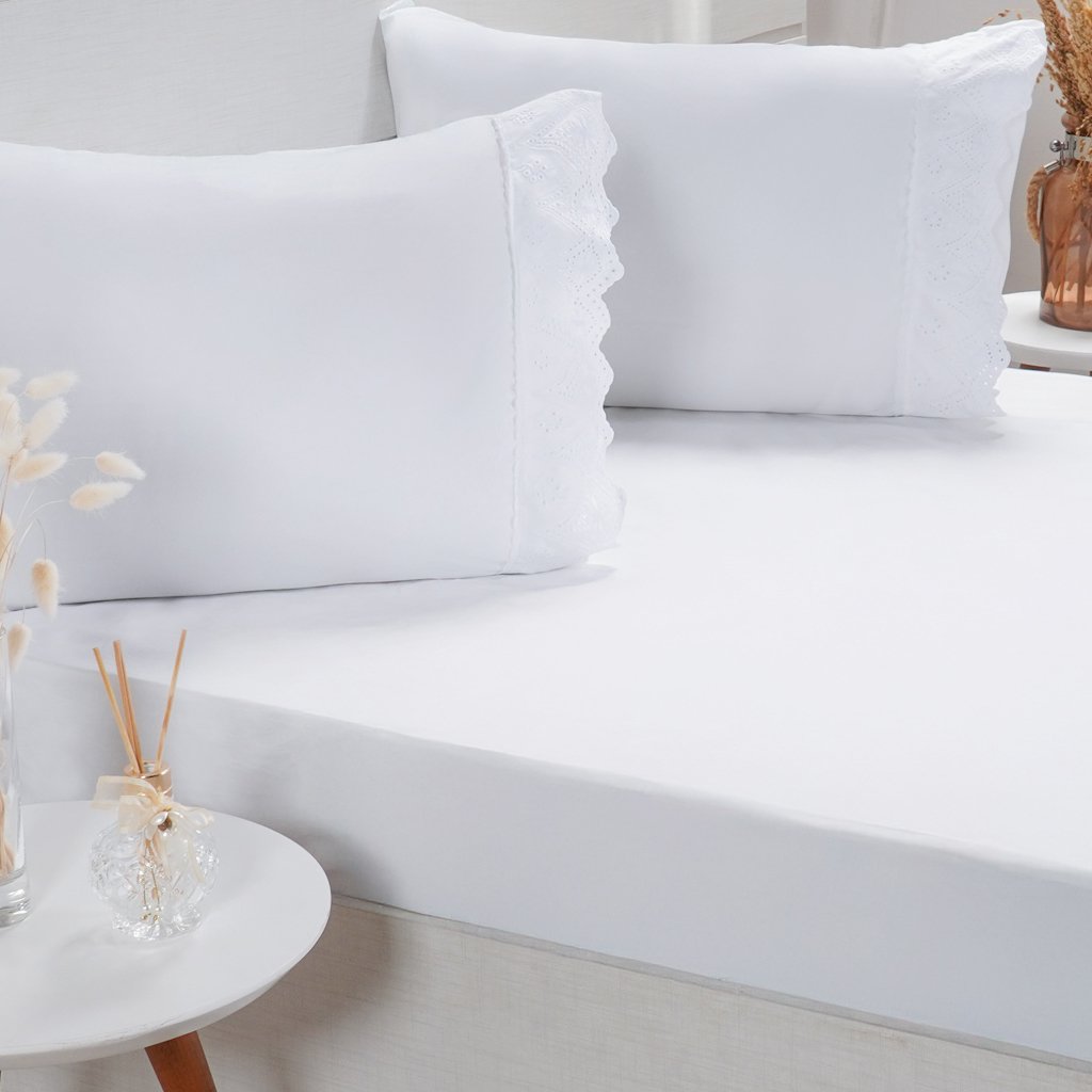Jogo de Cama Solteiro Broderie 2 Pçs Bordado Inglês 88x188x30cm Branco