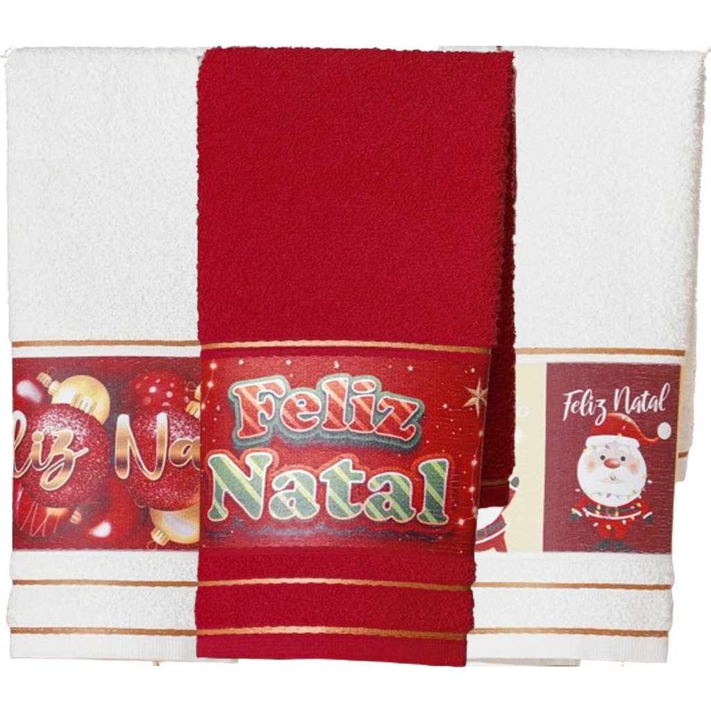 Kit 3 Toalha Lavabo Natalina Jacquard 30x45cm Creme/Vermelho