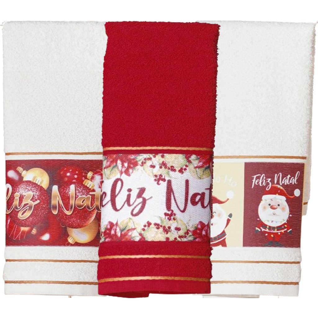 Kit 3 Toalha Lavabo Natalina Jacquard 30x45cm Creme/Vermelho