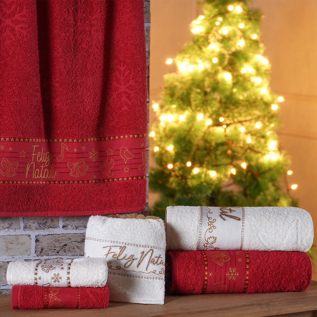 Kit 3 Toalha de Rosto Feliz Natal Bordada Jacquard 45x68cm Pérola/Vermelho