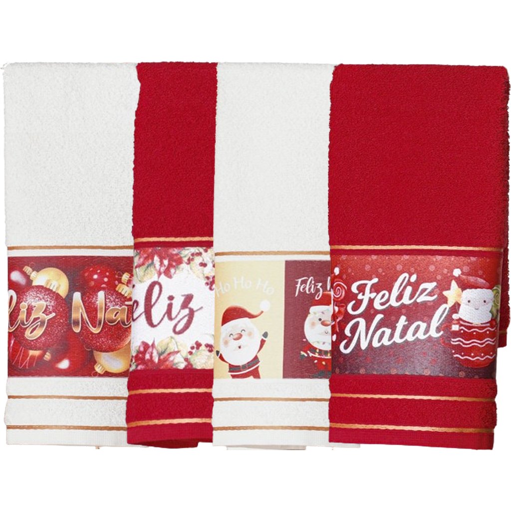 Kit 4 Toalha Lavabo Natalina Jacquard 30x45cm Creme/Vermelho