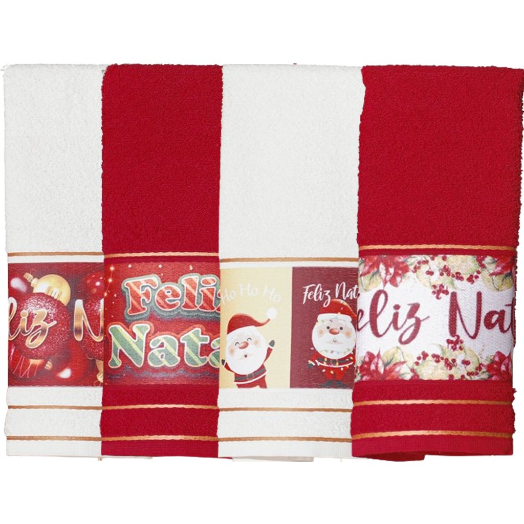 Kit 4 Toalha Lavabo Natalina Jacquard 30x45cm Creme/Vermelho