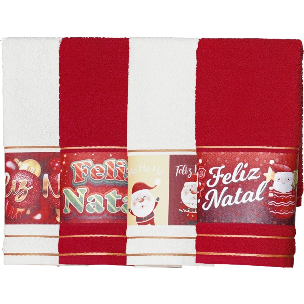 Kit 4 Toalha Lavabo Natalina Jacquard 30x45cm Creme/Vermelho
