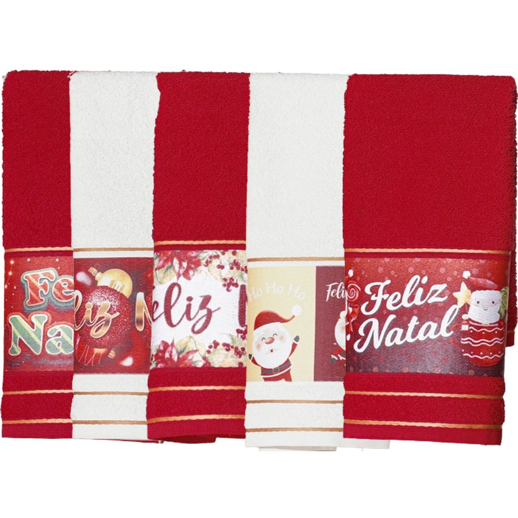 Kit 5 Toalha Lavabo Natalina Jacquard 30x45cm Creme/Vermelho