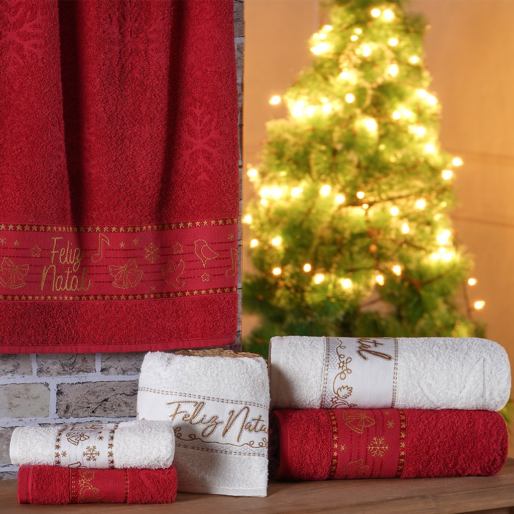 Kit 5 Toalha de Rosto Feliz Natal Bordada Jacquard 45x68cm Vermelho