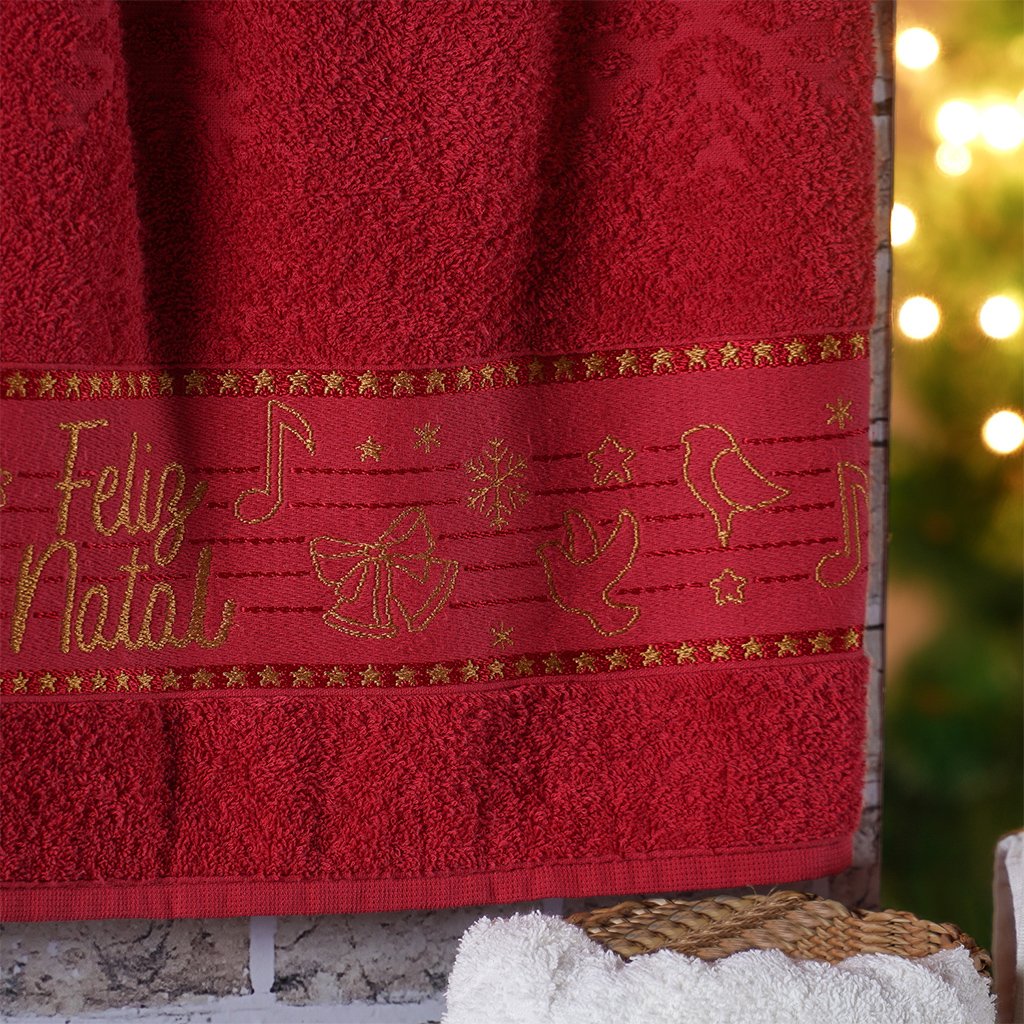 Kit 5 Toalha de Rosto Feliz Natal Bordada Jacquard 45x68cm Vermelho