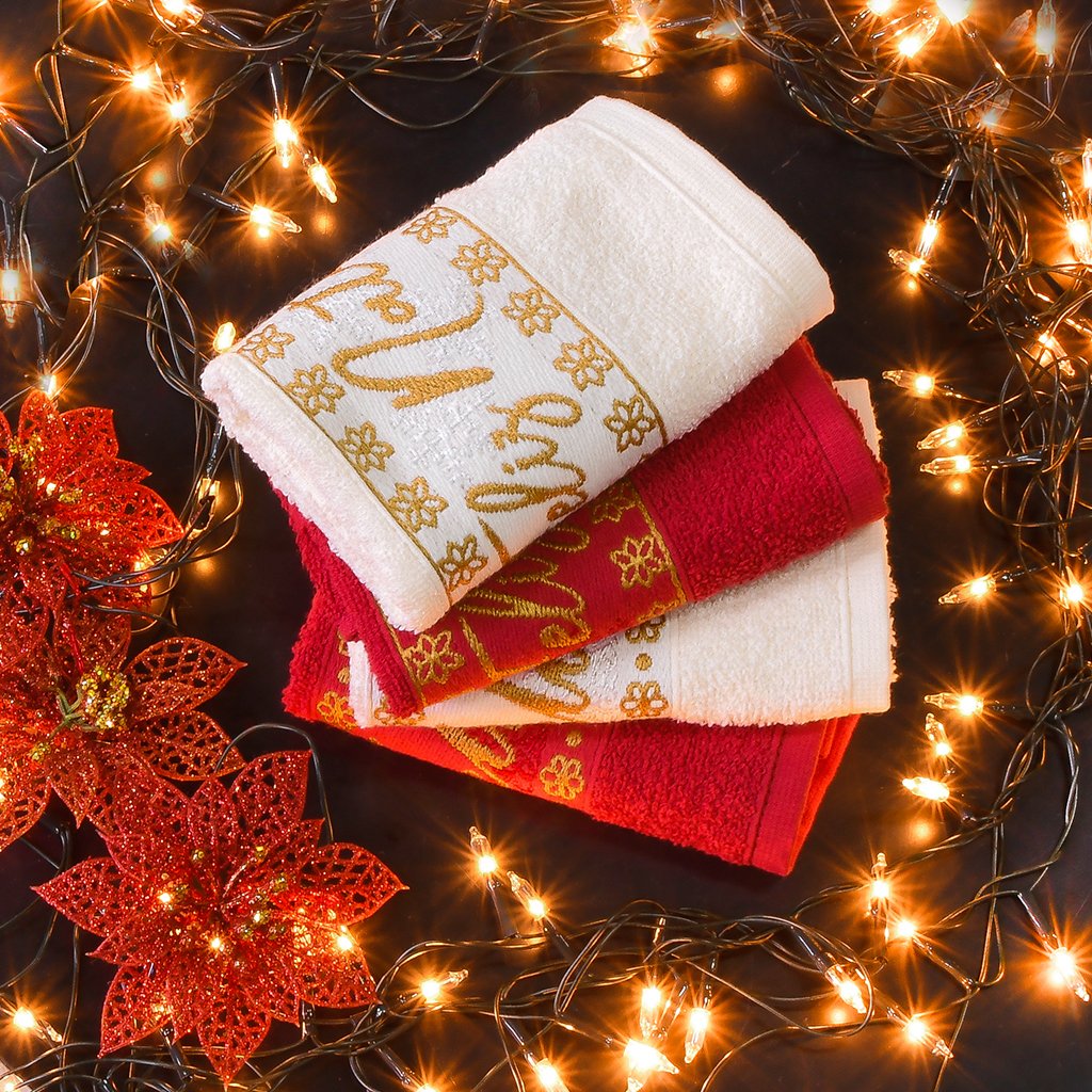 Kit 5 Toalha de Rosto Feliz Natal Bordada Jacquard 45x68cm Vermelho