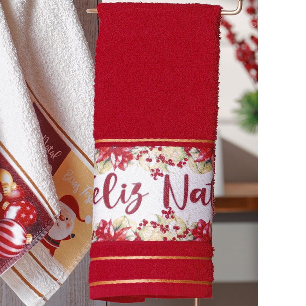 Kit 50 Toalha Lavabo Natalina Jacquard 30x45cm Vermelho/Creme