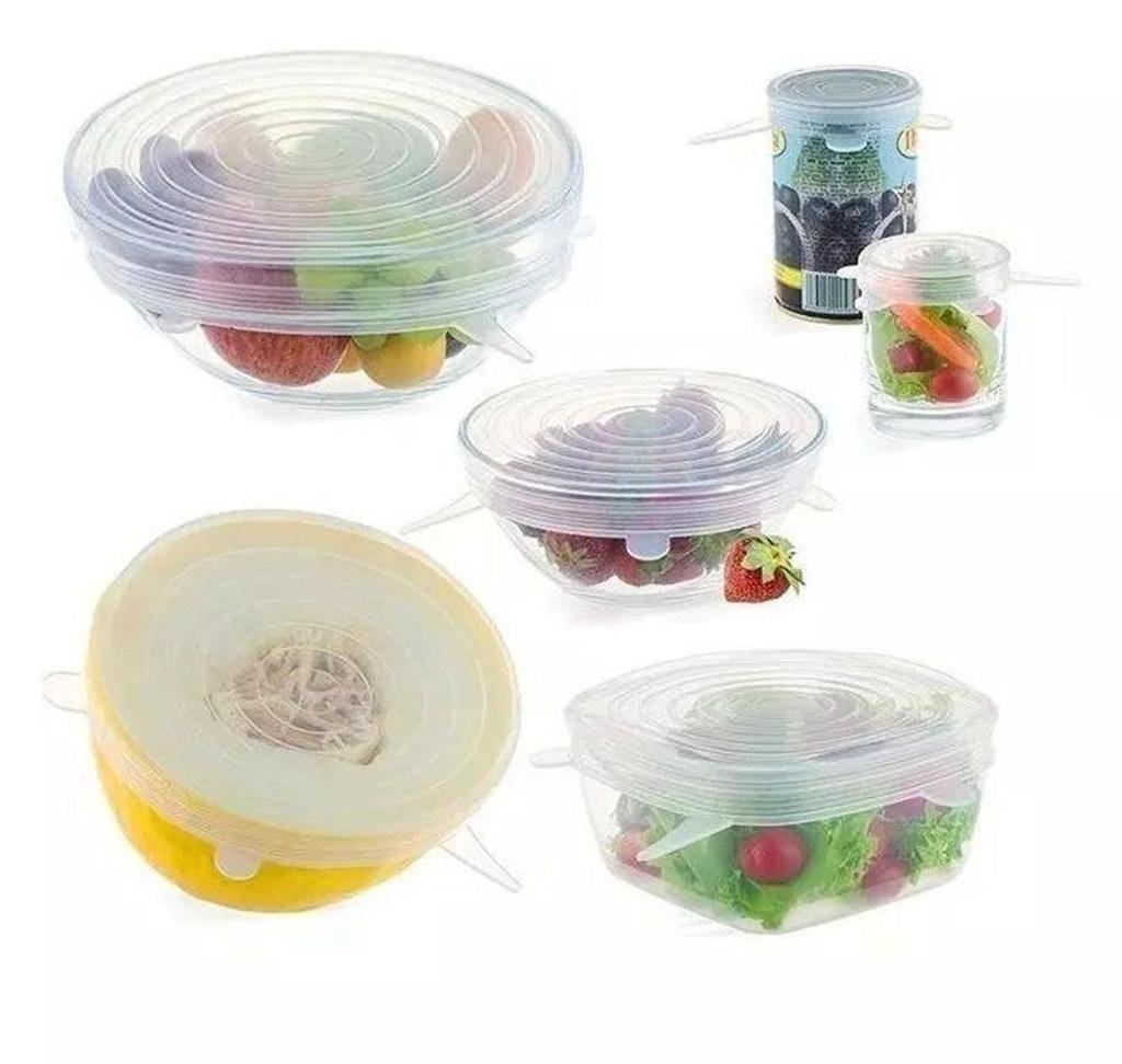 Kit 6 Tampas de Silicone Reutilizável Universal Elástica Multiuso Transparente