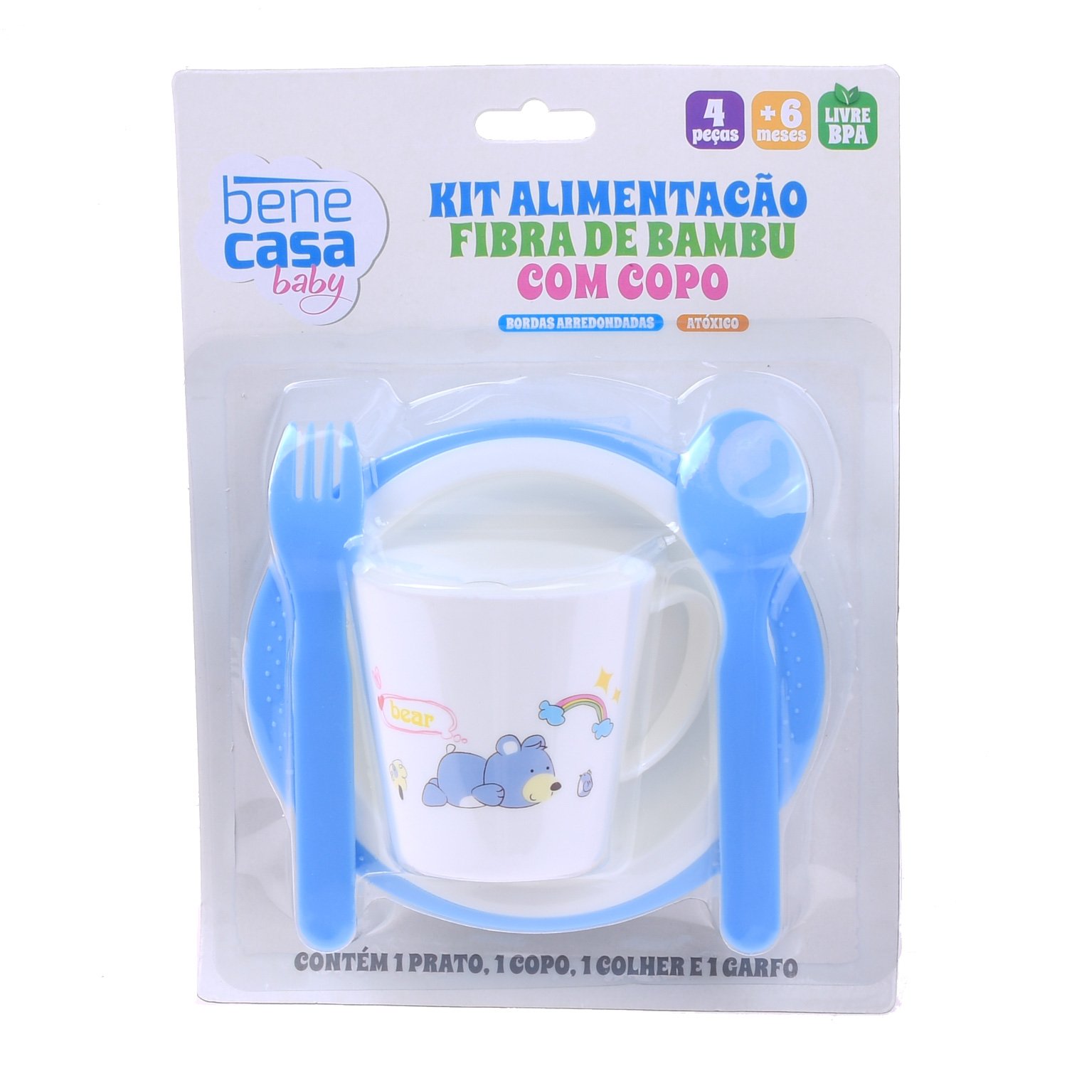 Kit Alimentação 4 Peças com Copo Infantil Fibra de Bambu Azul