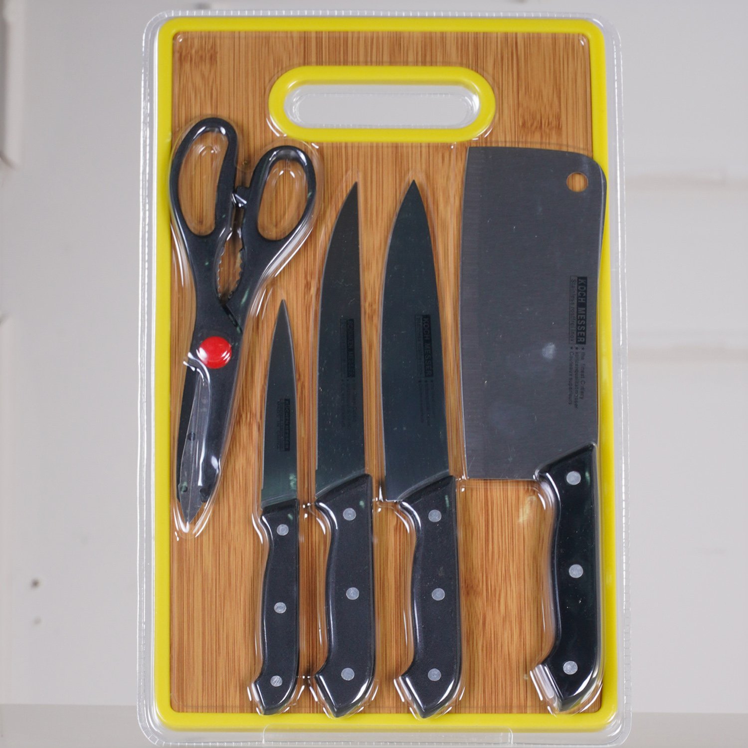 Kit Carnes e Legumes 6 Peças com 4 Facas Tesoura e Tábua Preto