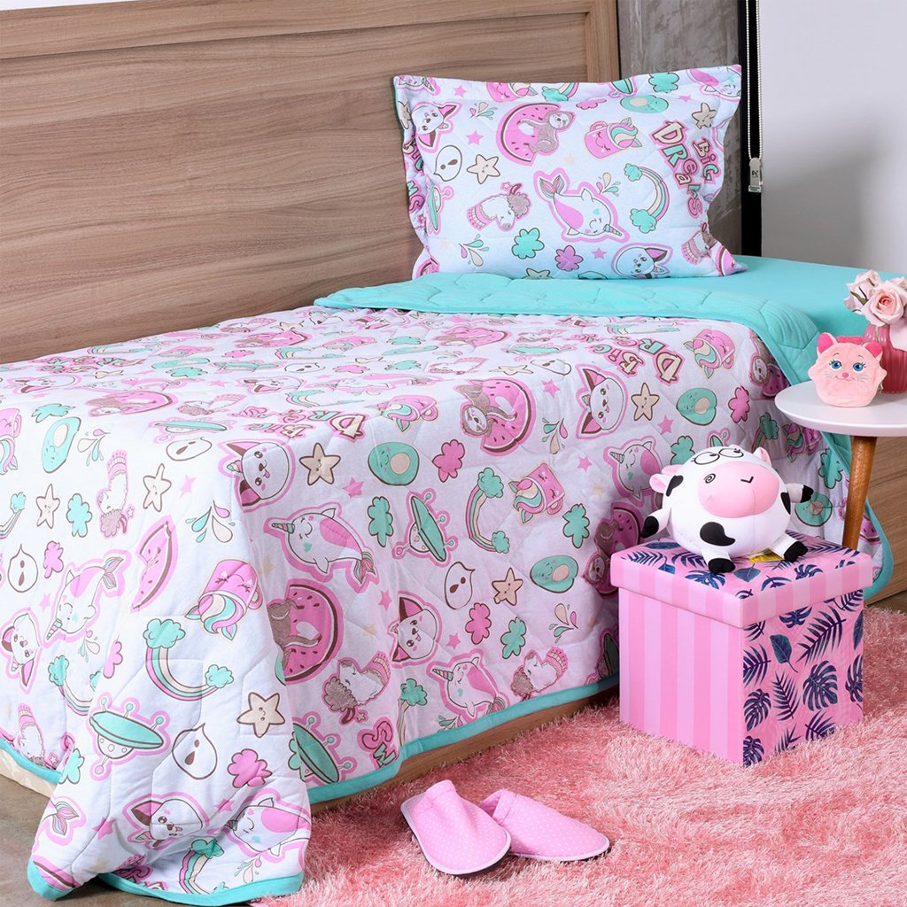 Kit Cobre Leito Kids Solteiro Malha 100% Algodão 160x220cm Kawaii