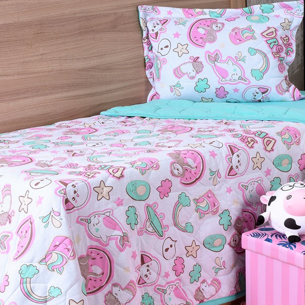 Kit Cobre Leito Kids Solteiro Malha 100% Algodão 160x220cm Kawaii