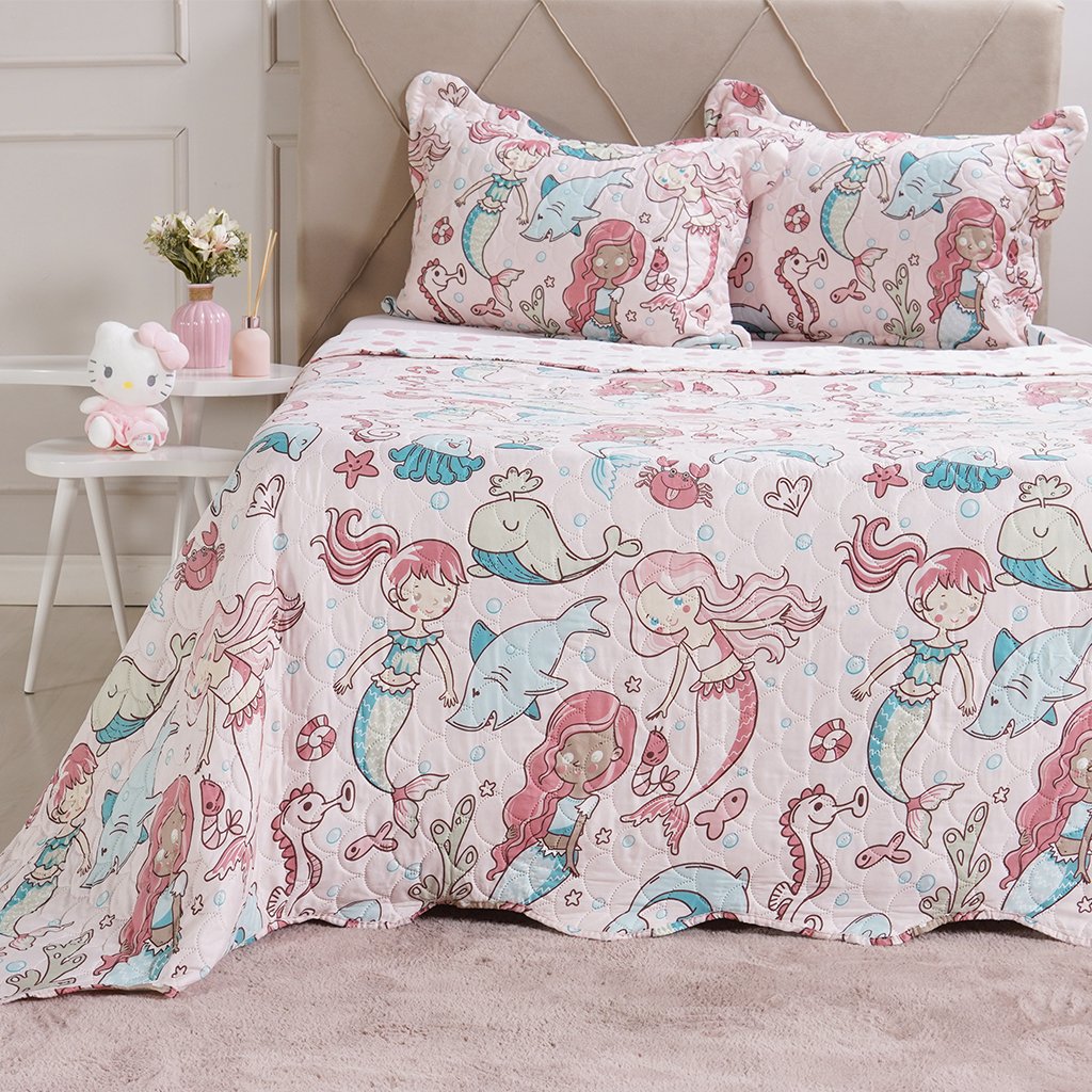 Kit Cobre Leito Rolinho Casal + Porta Travesseiro Toque Macio Mermaid