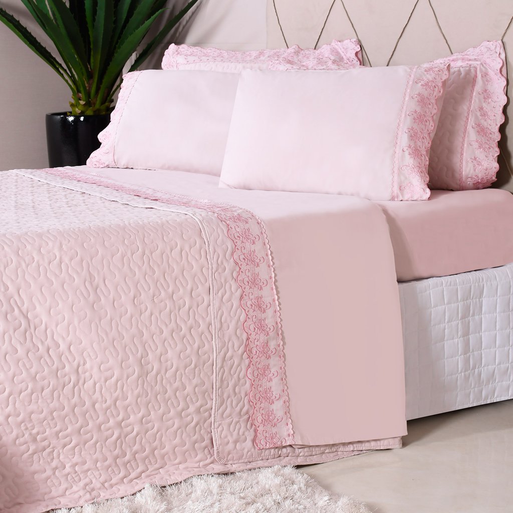 Kit Enxoval 7 Pçs Queen com Cobre Leito Bordado Inglês