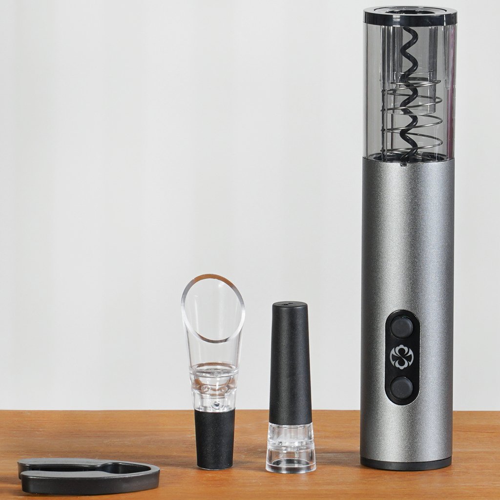 Kit Saca Rolhas Elétrico 4 Peças para Vinho Cinza