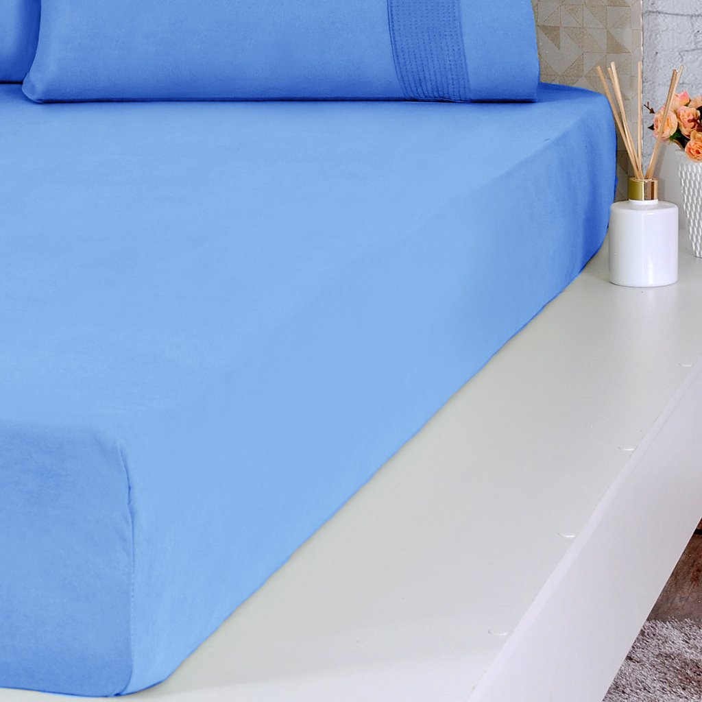 Lençol Queen Bella Cama Malha 100% Algodão 158x198x35cm Azul