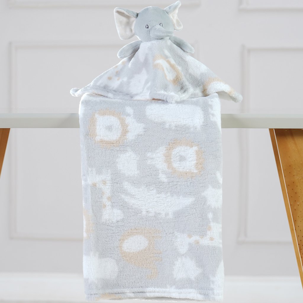 Manta com Naninha Flannel Estampada para Bebê 75x100 Cinza Elefante