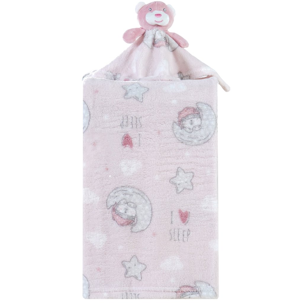 Manta com Naninha Flannel Estampada para Bebê 75x100 Rosa Urso