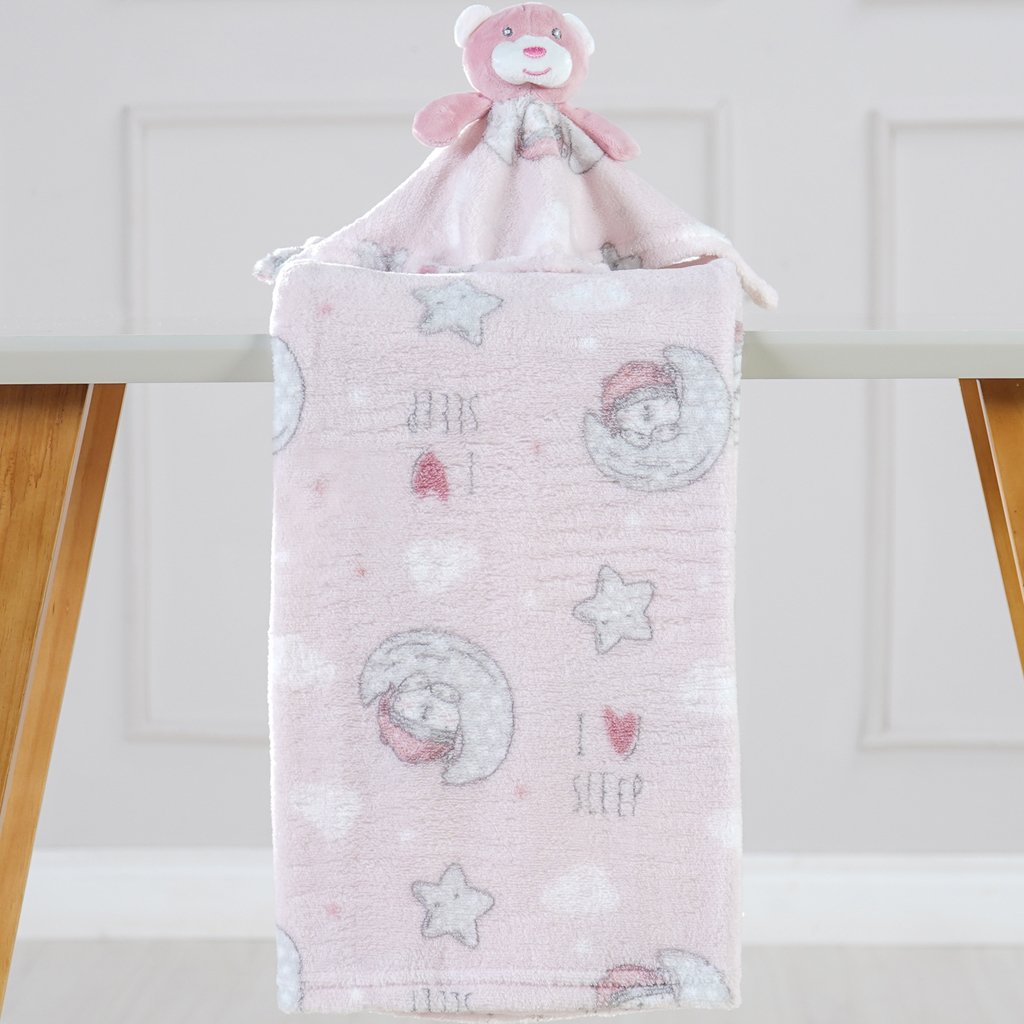 Manta com Naninha Flannel Estampada para Bebê 75x100 Rosa Urso