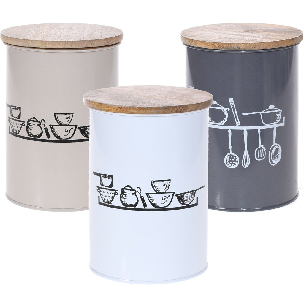 Pote Vintage Aço Esmaltado Tampa Madeira Grande 900ml Bege