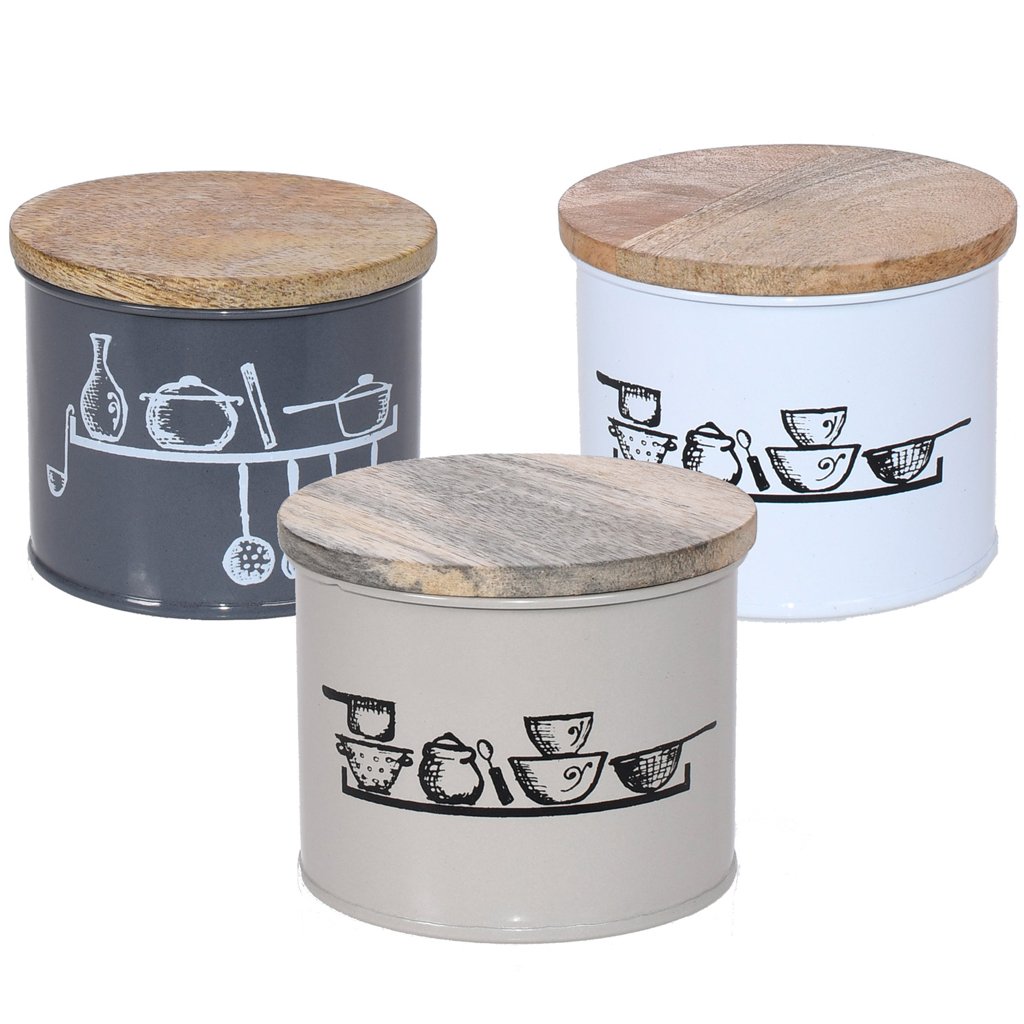 Pote Vintage Aço Esmaltado Tampa Madeira Pequeno 225ml Branco