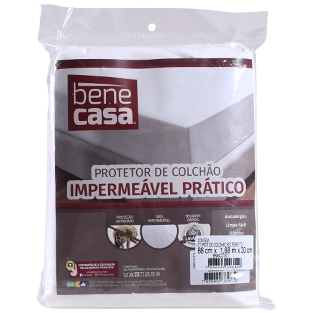 Protetor de Colchão Solteiro Impermeável Prático 88x188x30cm Branco