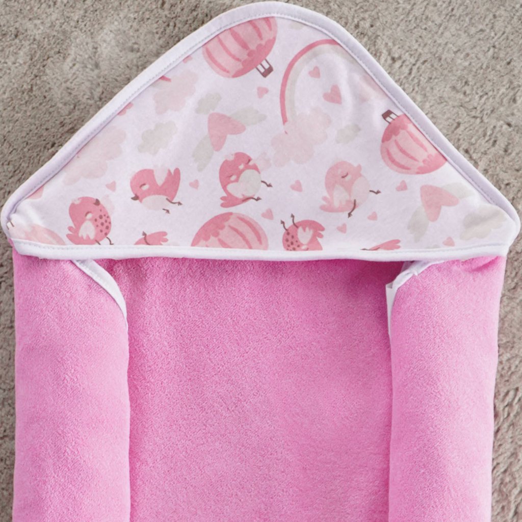 Toalha Capuz Bebê 70x70cm Malha Atoalhada Pássaro Rosa