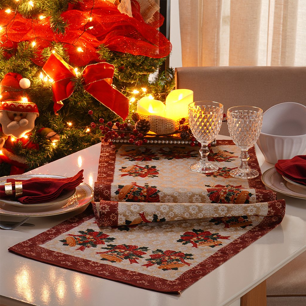 Trilho de Mesa Linhão Natalino 40x140cm Bordô Sinos