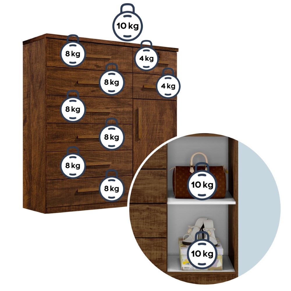 Cômoda 1 Porta 8 Gavetas Vitoria Plus Benetil Avelã