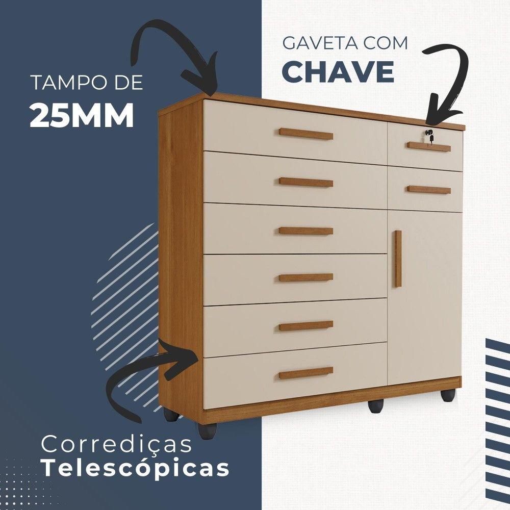 Cômoda Vitória 1 Porta 8 Gavetas com Chave Benetil Cinamomo Off White