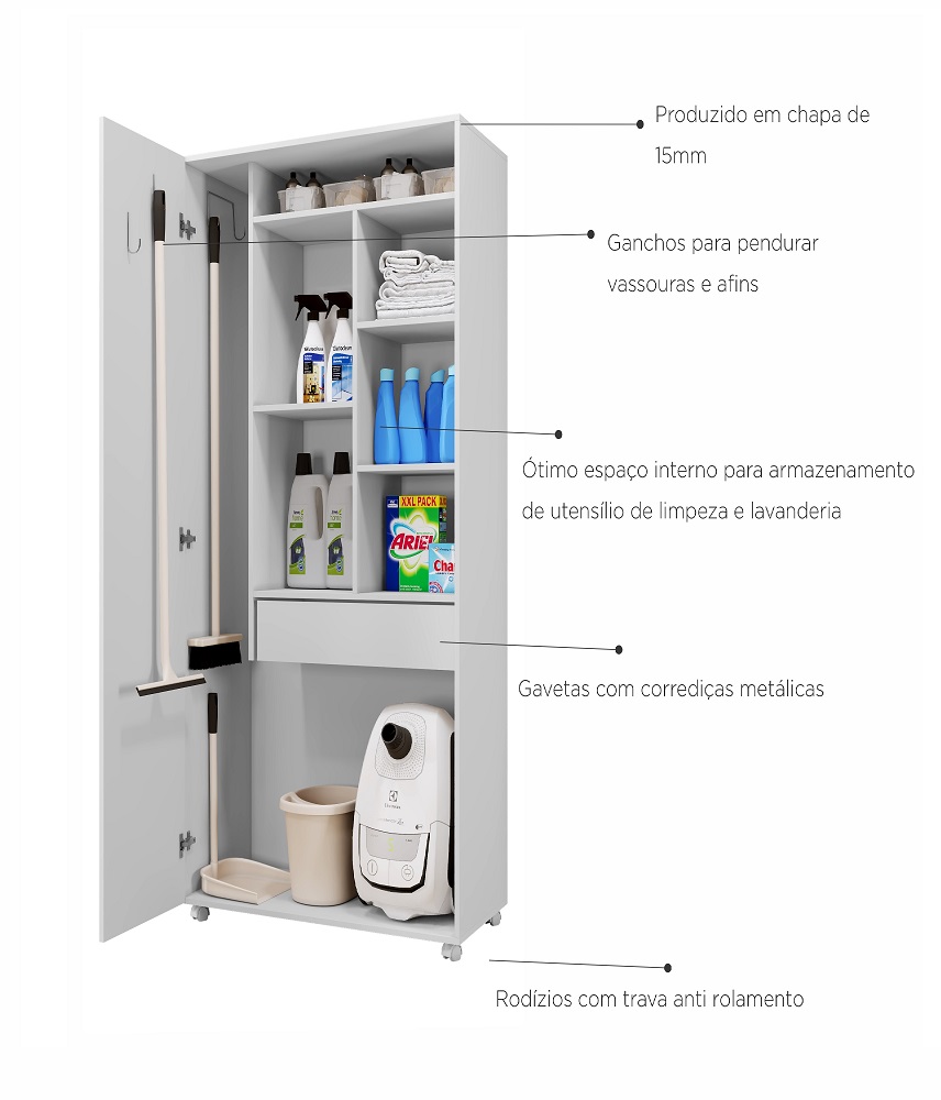 Armário Vassoureiro Multiuso para Lavanderia Jade 2 Portas e 1 Gaveta c/ Rodízios Benetil Branco
