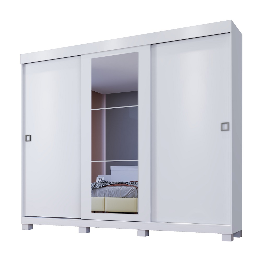 Guarda Roupa Casal 3 Portas 6 Gavetas Com Espelho Firenze Benetil Branco