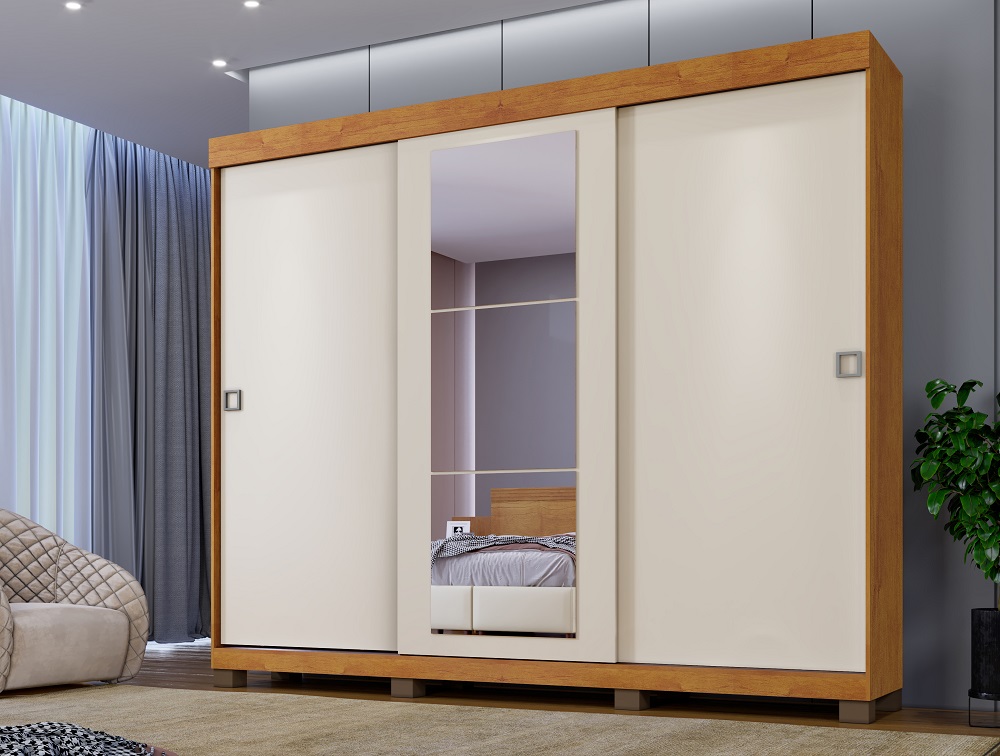 Guarda Roupa Casal 3 Portas 6 Gavetas Com Espelho Firenze Benetil Cinamomo/Off White