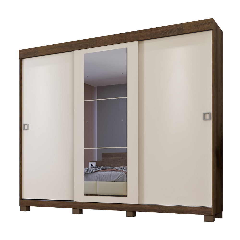 Guarda Roupa Casal 3 Portas 6 Gavetas Com Espelho Firenze Benetil Imbuia/Off White