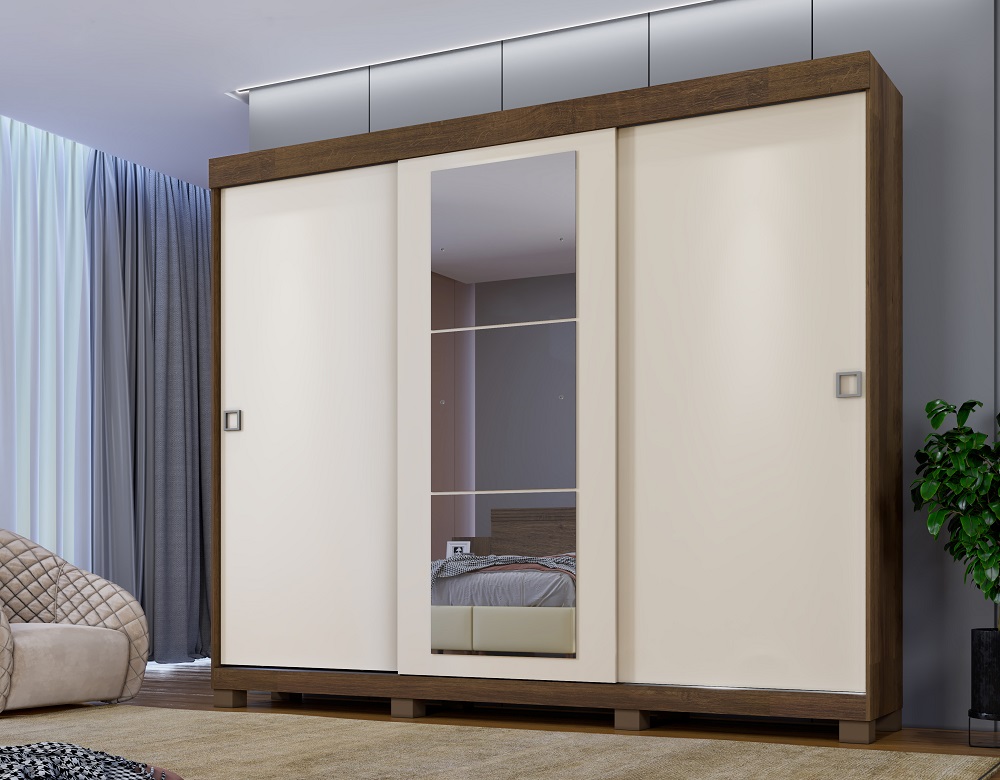 Guarda Roupa Casal 3 Portas 6 Gavetas Com Espelho Firenze Benetil Imbuia/Off White