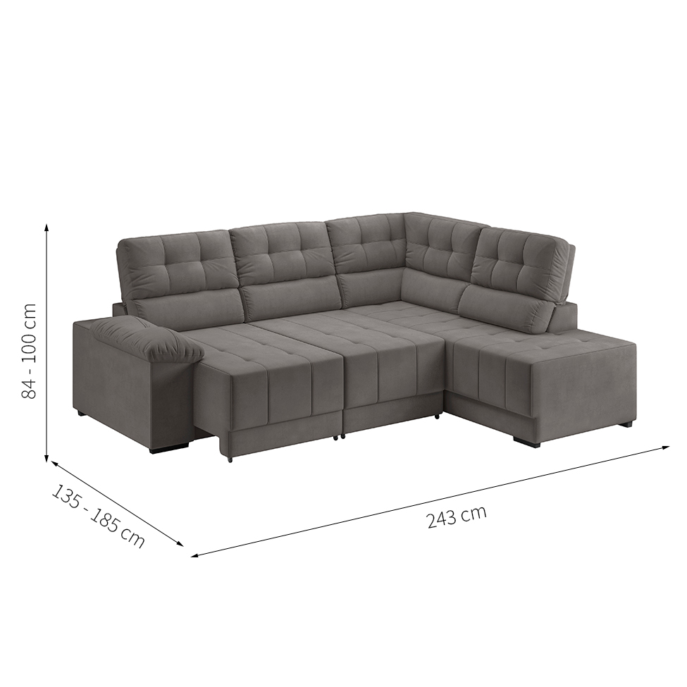 Sofá de Canto 3 Lugares Retrátil e Reclinável Firenze Suede Cinza