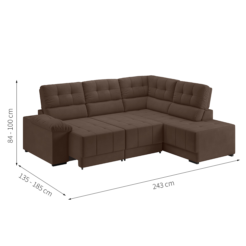 Sofá de Canto 3 Lugares Retrátil e Reclinável Firenze Suede Marrom