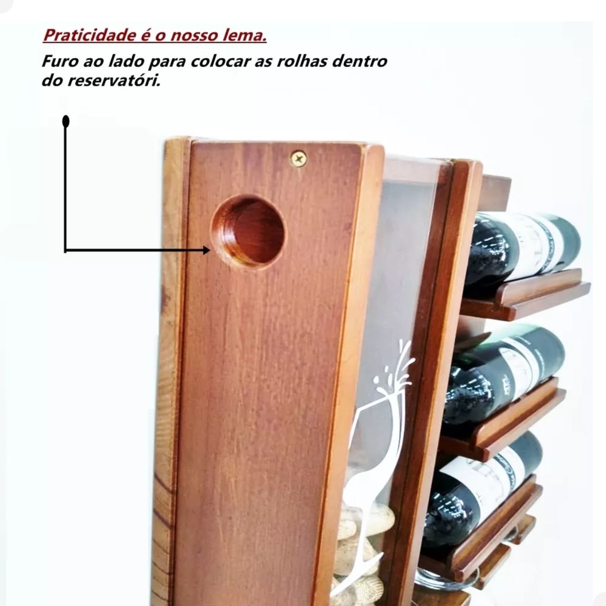 Adega Suspensa de Madeira Com Porta Taças Porta Rolha