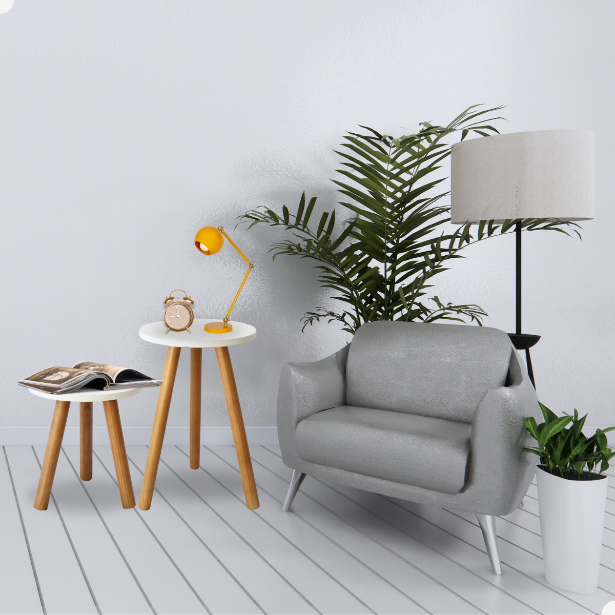 Conjunto Mesa Lateral de Sofa Redonda Retro Pe Palito